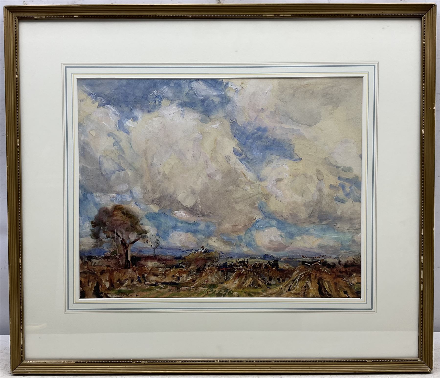 Rowland Henry Hill (Staithes Group 1873-1952): The Hayfield under Heavy Clouds, watercolour and gouache signed and dated 1919 34.5cm x 44.5cm
