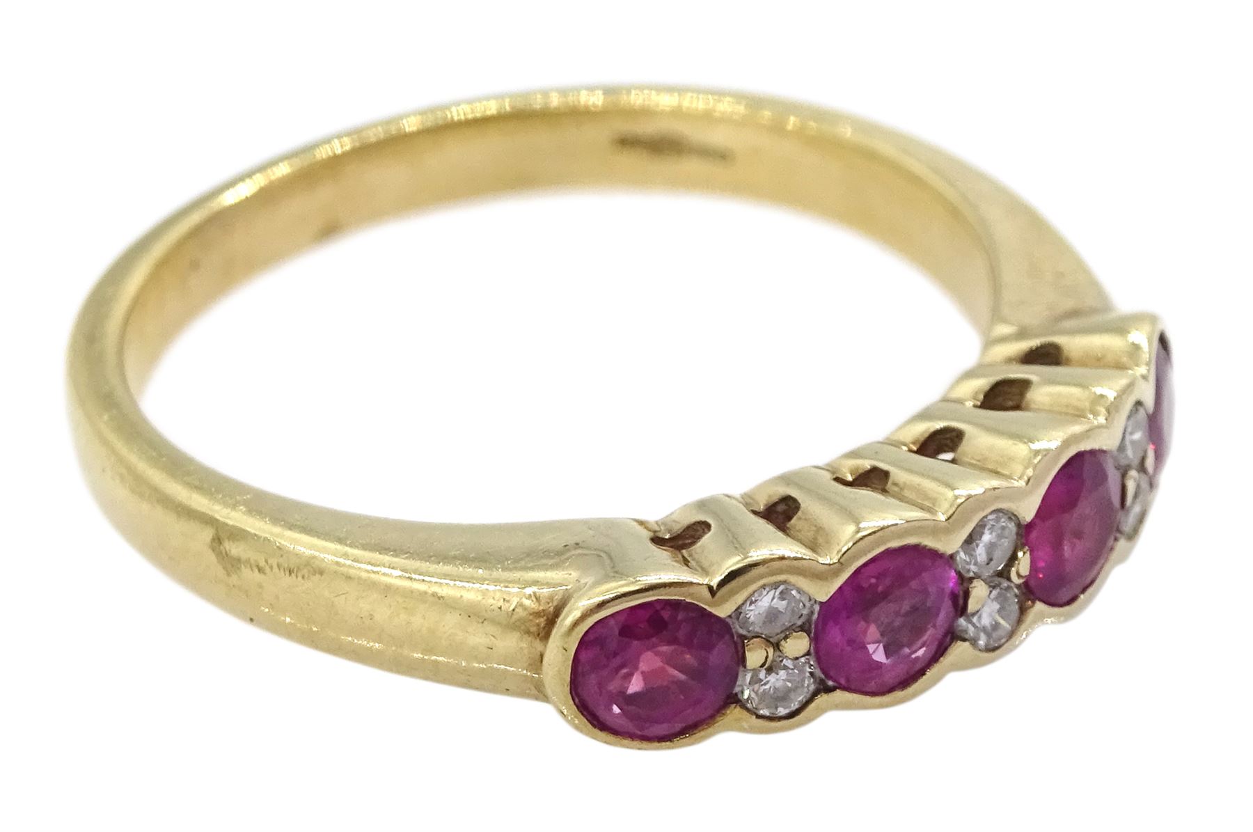 9ct gold ruby and diamond ring, four round cut rubies, each with two round brilliant cut diamonds set between, hallmarked