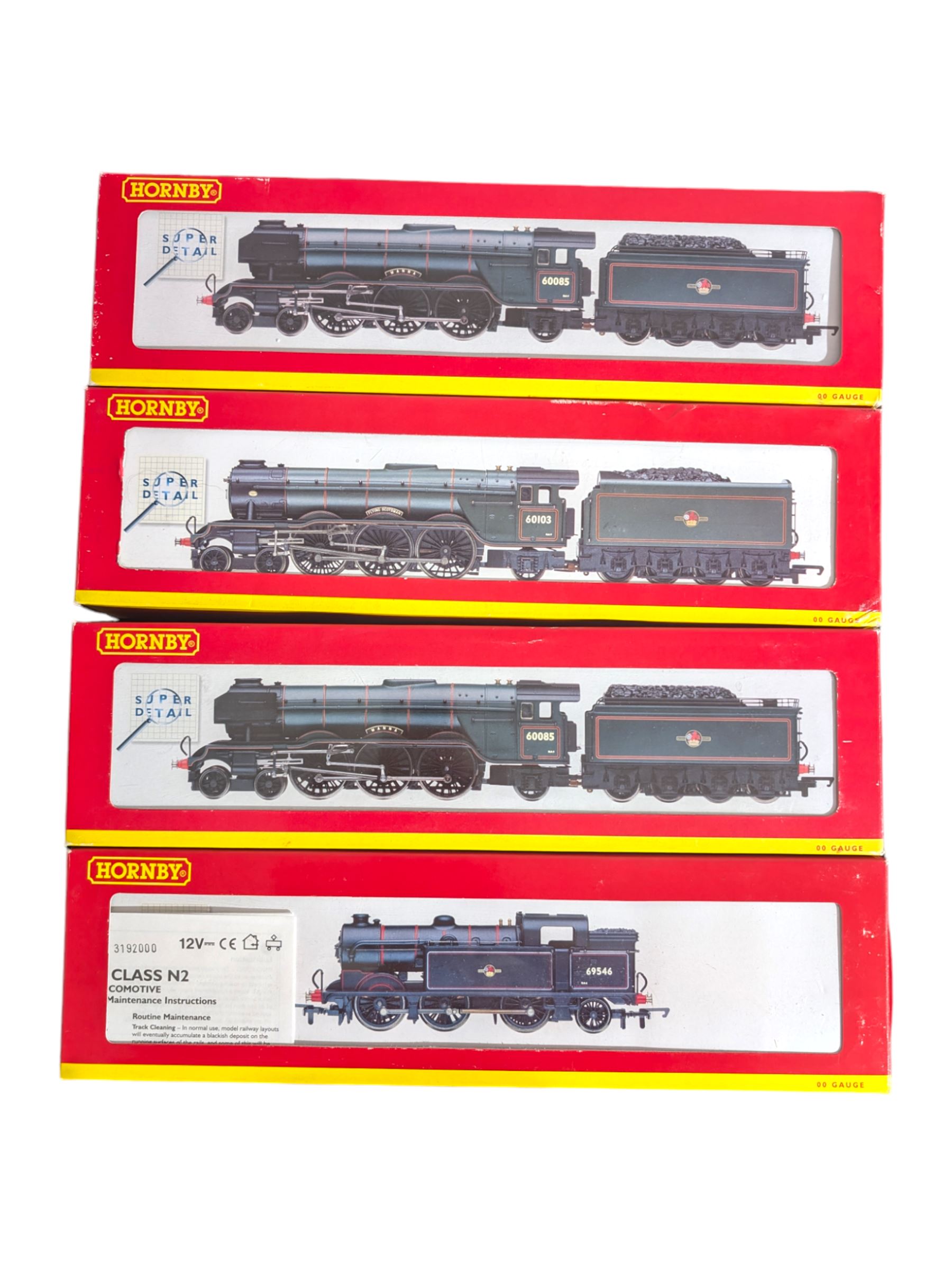 Four Hornby '00' gauge locomotives, comprising R2054 BR Class A3 4-6-2 re-worked as Trico no. 60084, two R2152 BR Class A3 4-6-2 locomotives, one original Manna no. 60085, the other re-worked as Flying Fox no. 60106 and R2178A BR Class N2 0-6-2 locomotive no 69546, all boxed 