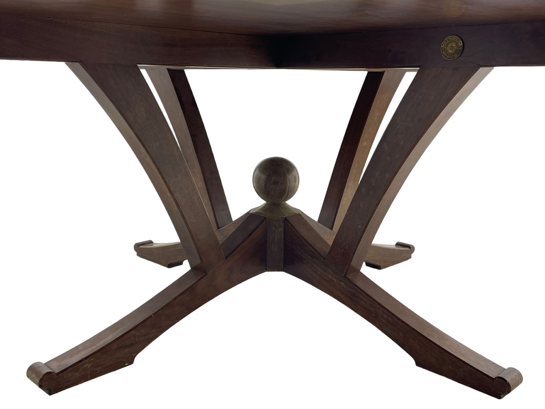 Senior & Carmichael, Betchworth - Georgian design walnut centre table, the circular moulded top with satinwood band and central star inlay, quadriform base with central orb and applied makers plaque, raised on splayed supports