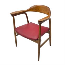 Mid-20th century teak armchair, tub shaped back over seat upholstered in red faux leather