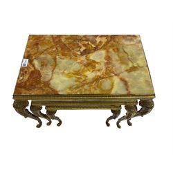 Mid-20th century Italian design onyx and gilt metal nest of three tables, rectangular tops raised on foliate decorated cabriole supports