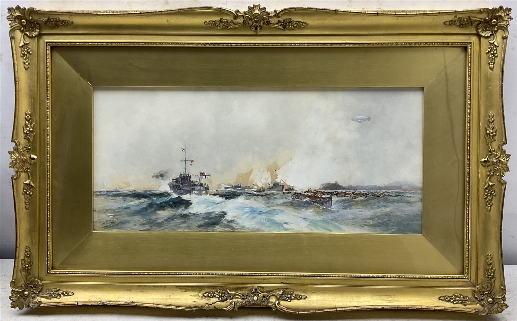 Frank Henry Mason (Staithes Group 1875-1965): 'Picking up Survivors - North Bay Scarborough - Submarine in Sight', watercolour signed, titled on original Henry Whitley & Son label verso 20cm x 45cm