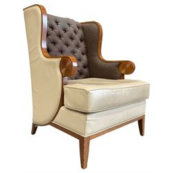 Walnut finish framed wing back armchair upholstered leather and buttoned fabric