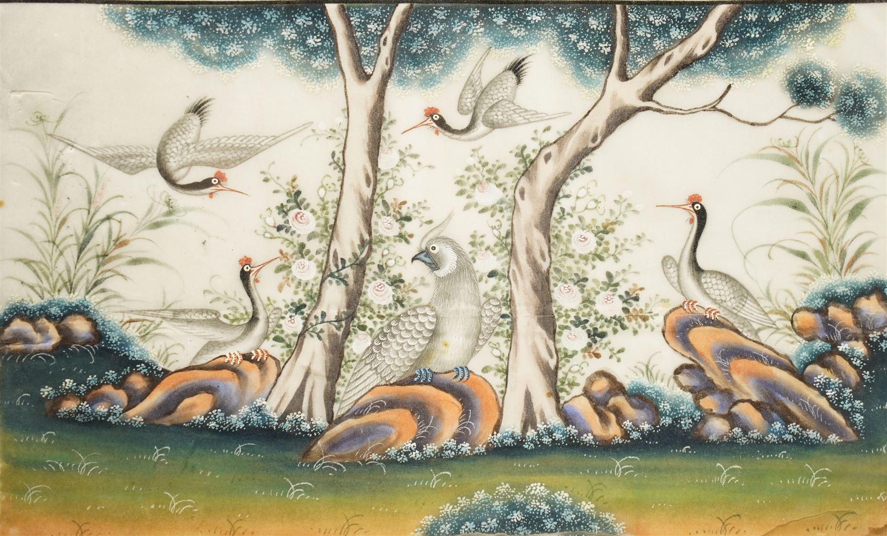 Chinese School (Qing Dynasty 19th century): Chinese Dignitary and Subjects and Birds in a Rocky Landscape, pair gouache and watercolour paintings on rice paper unsigned 20cm x 32cm (2)