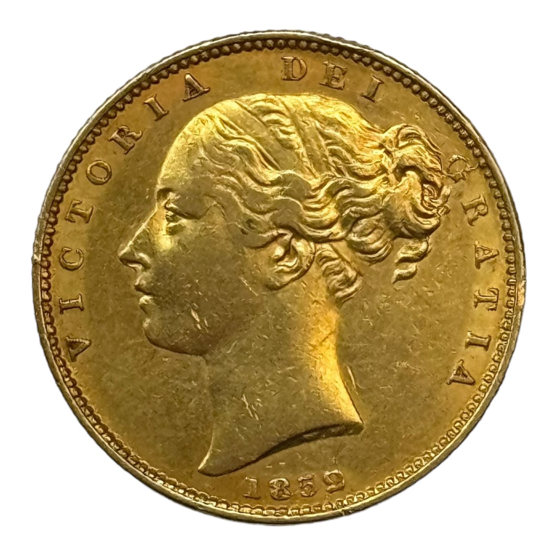 Queen Victoria 1852 gold full sovereign coin, shield back