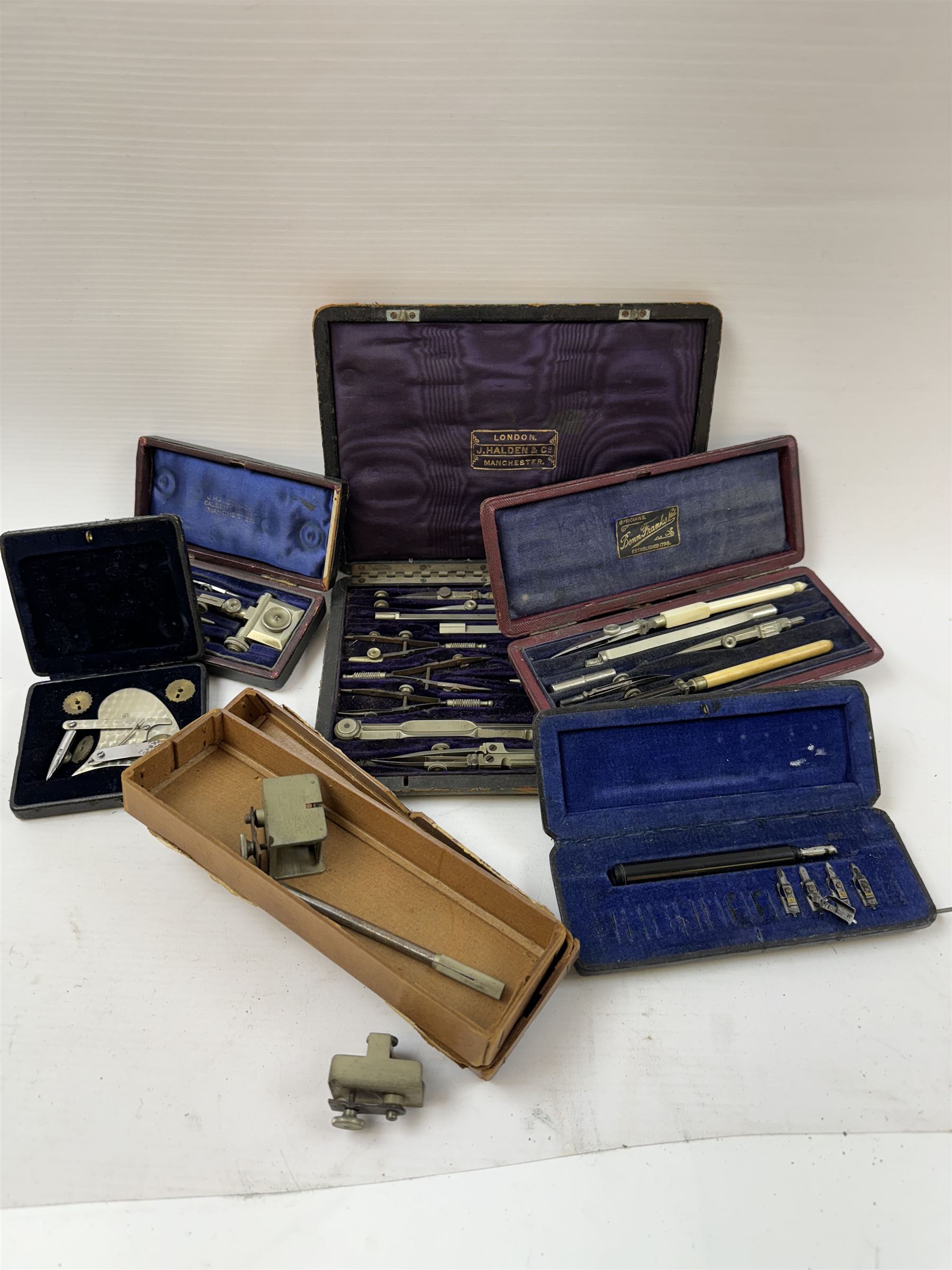 Collection of drawing instruments, including Richter dotting tool, J. Halden & Co Ltd cased of drawing instrument etc 