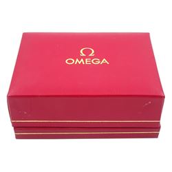 Omega ladies 9ct gold manual wind wristwatch, oval champagne dial with baton hour markers, Cal. 625, on integral 9ct gold bracelet, London 1977/78, boxed with papers