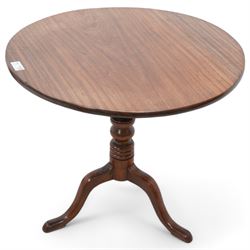 Georgian mahogany tripod table, circular tilt-top on turned column with three out splayed supports 