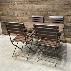 Painted metal and hardwood slatted rectangular garden table and four folding chairs