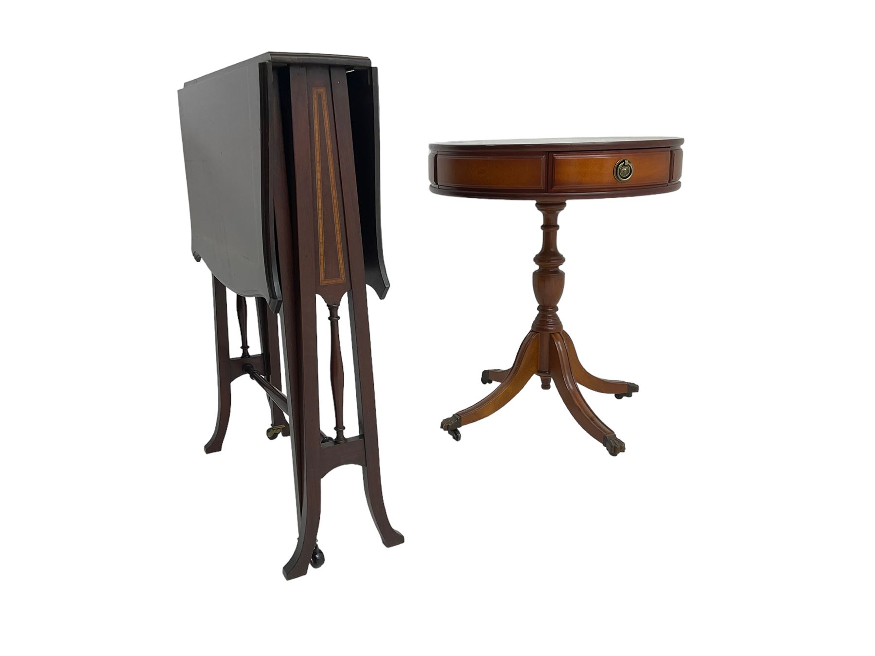 Edwardian inlaid mahogany drop leaf Sutherland table (W56cm H71cm); Georgian design yew wood side table, fitted with two drawers (W50cm H60cm)