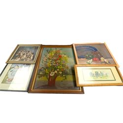 Beryl Cook print, three oil paintings by B Farnsworth and a watercolour of Stonehenge, all...