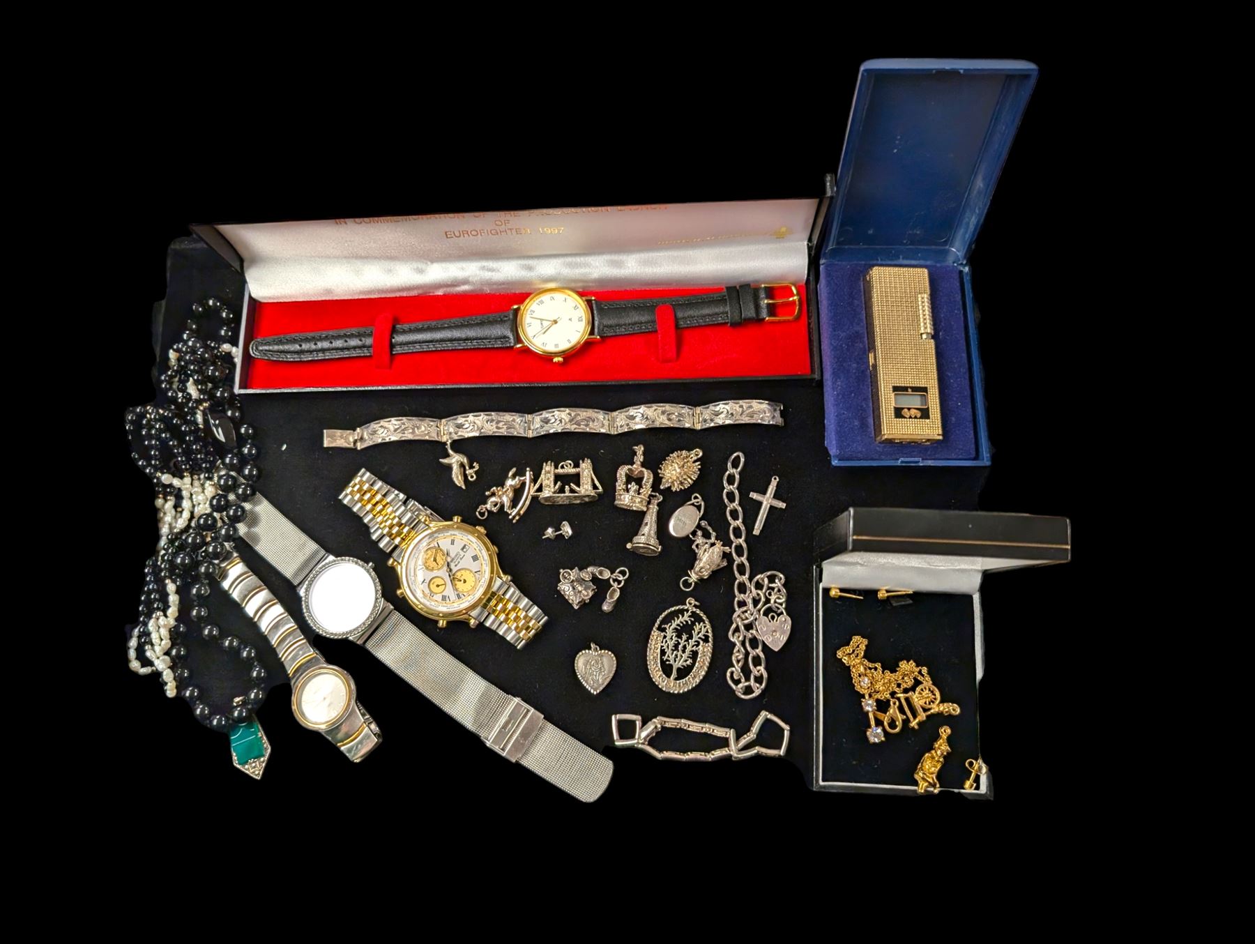 Silver jewellery, including charms, three bracelets and pendant, together with a Seiko wristwatch, Skagen wristwatch, costume jewellery and  a lighter