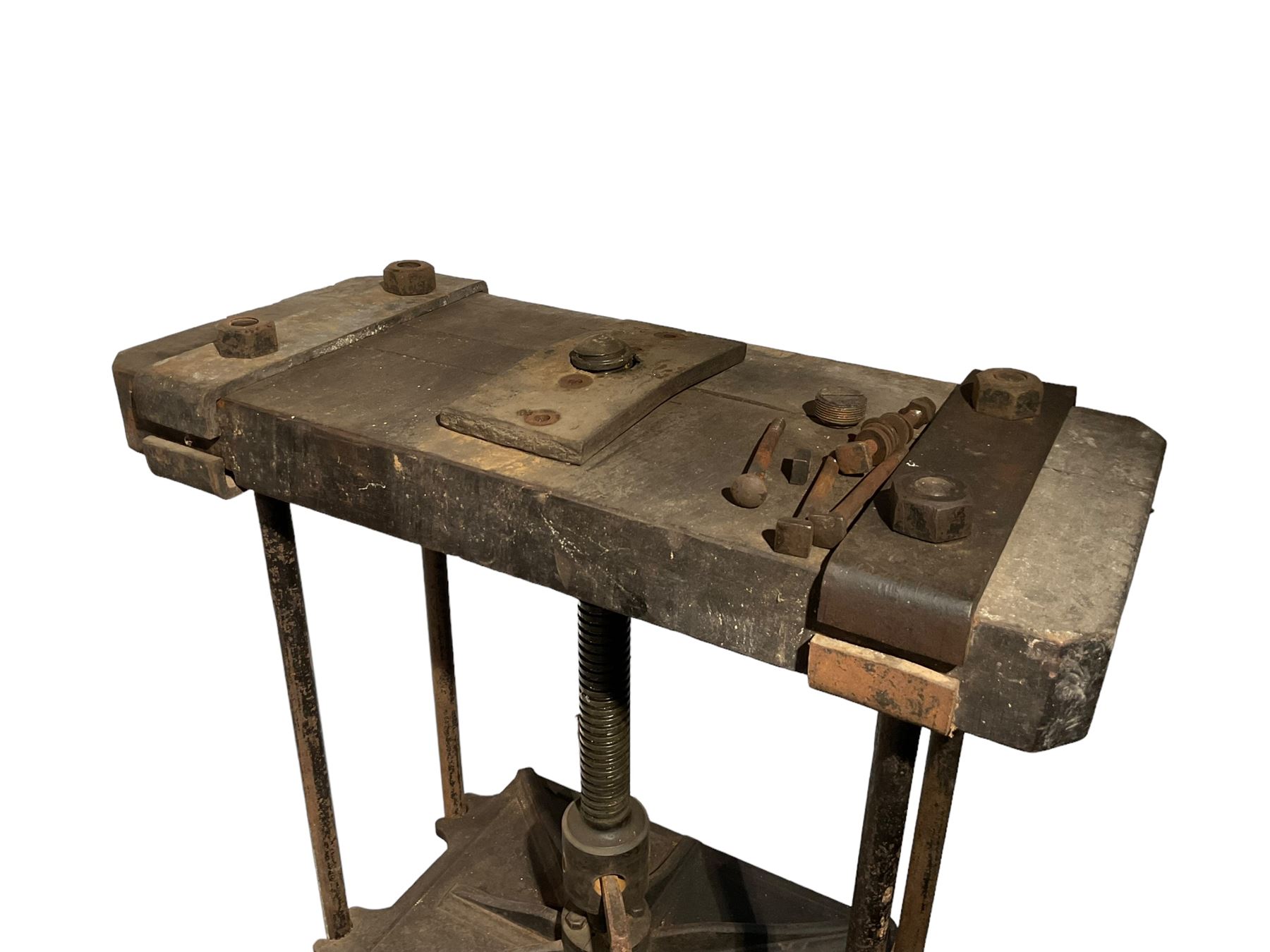 19th century and later cast iron book press on stand, with large screw action