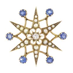 Early 20th century 9ct gold cut diamond, seed pearl and round cut sapphire star brooch