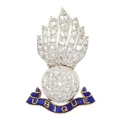 Platinum rose cut diamond Royal Artillery flaming grenade brooch, with 9ct gold blue enamel 'Ubique' motto below, in Garrard & Co Ltd silk and velvet lined case