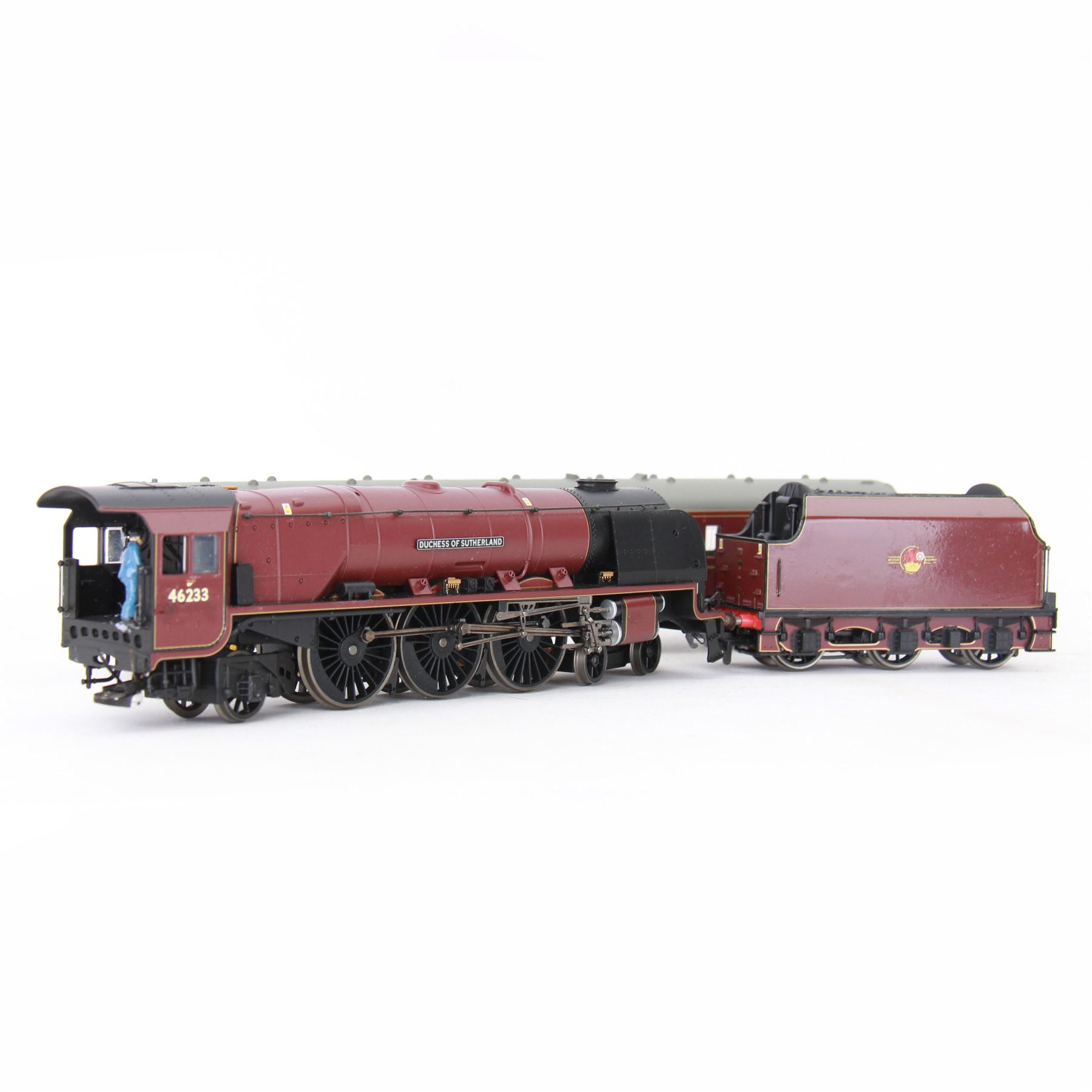 Hornby '00' gauge BR Duchess of Sutherland and Support Coach Train Pack R3221, comprising BR Princess Coronation Class 4-6-2 Duchess of Sutherland locomotive no. 46233 and BR MkI Brake Support Coach no. 99041, both in maroon livery, in original box