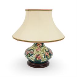 Moorcroft table lamp in Leicester pattern, of squat baluster form with original lampshade, H40cm