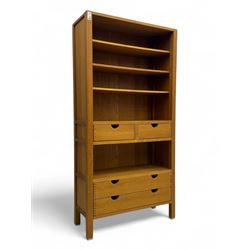 Contemporary oak bookcase, rectangular form fitted with three open shelves over two short ...