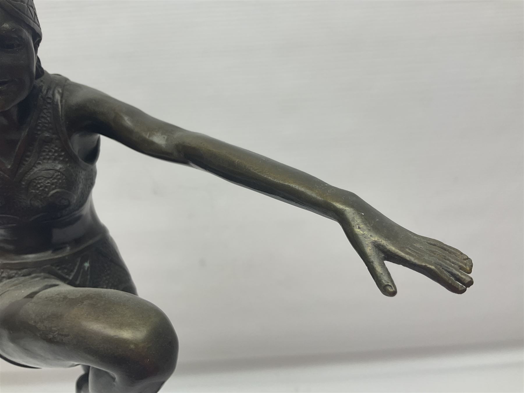 Art Deco style bronze, after Philipp, modelled as a dancer with her arms outstretched and one leg raised, on a veined marble tapering base signed Philipp and with foundry seal, H58cm