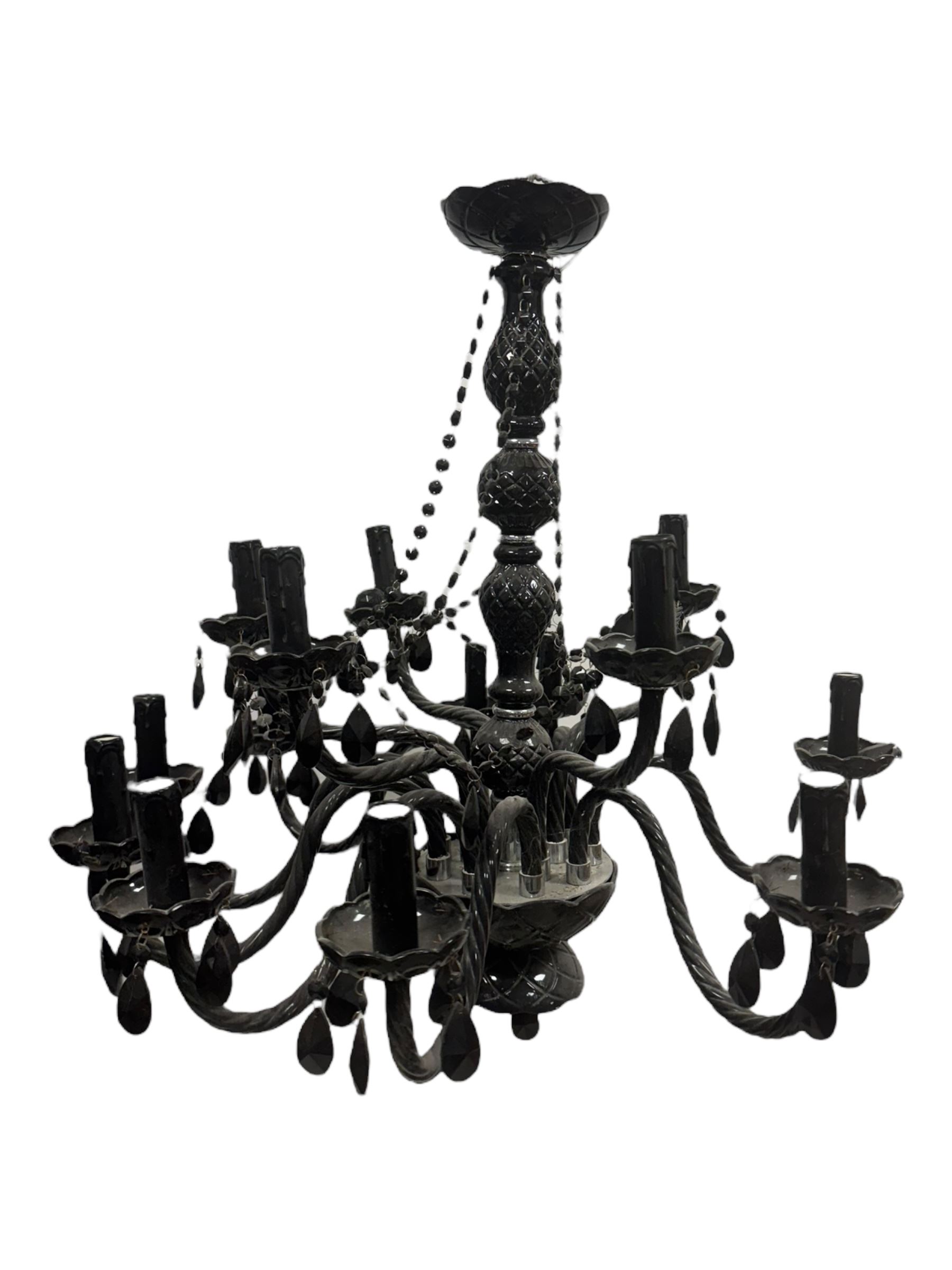 Two classical black glass fourteen branch chandeliers