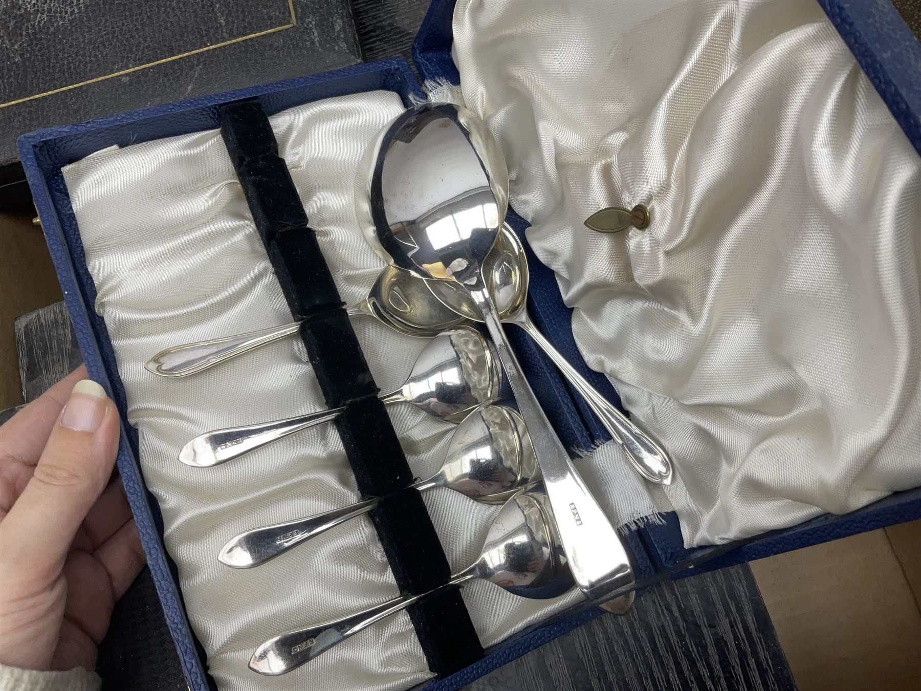 Cased canteens of fish knives and forks, together with part canteen in oak box and various other cased flatware, in two boxes 