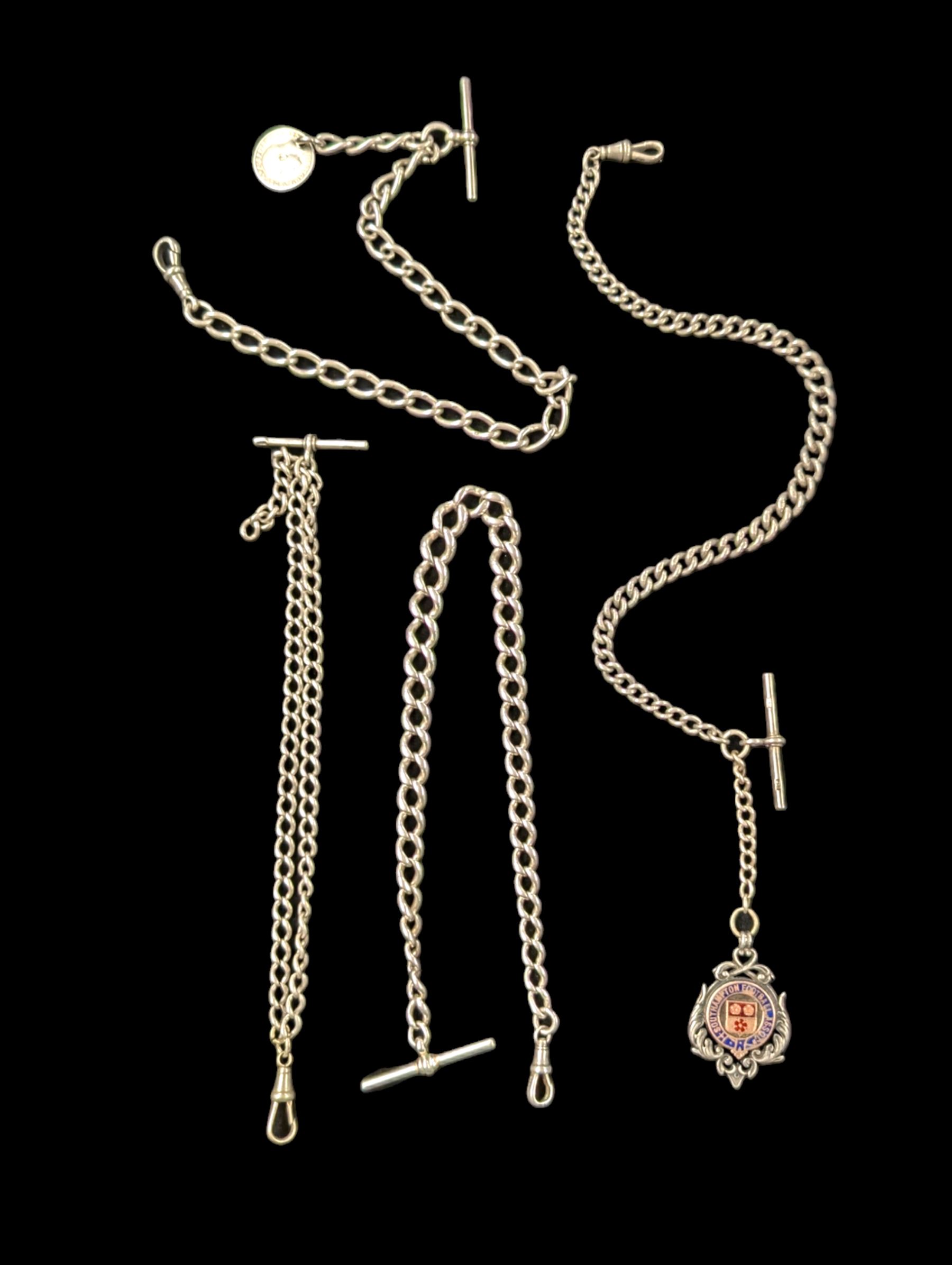 Four silver Albert chains, including curb link example with plated enamel fob and one with plated clip, all silver stamped or hallmarked 