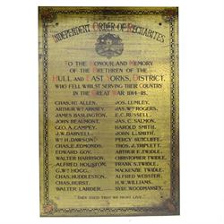 Independent Order of Rechabites brass memorial plaque, 'To the honour and memory of the Hu...