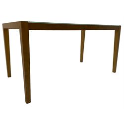 Contemporary beech framed dining table, rectangular frosted glass top on beech frame, square tapering supports