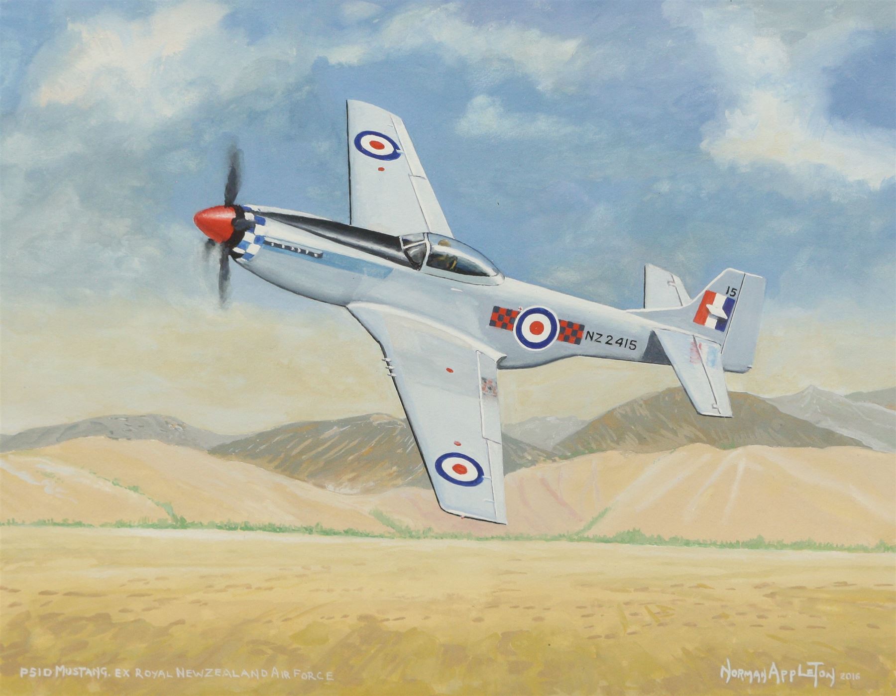 Norman Appleton (British 1926-): 'P-15D Mustang - Ex Royal New Zealand Air Force', gouache signed titled and dated 2016, 34cm x 44cm; with various signed aeronautic pictures (3)