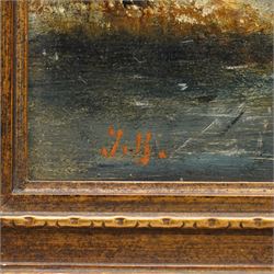 JB (Dutch 20th Century): Skating on a Frozen Lake, oil on panel signed with initials 22cm x 28cm; English School (20th Century): Landscape with Ancient Ruins, oil on canvas indistinctly signed 19cm x 23cm (2)