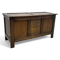 17th century design oak blanket chest, panelled hinged lid over panelled front, moulded frame, on stile supports