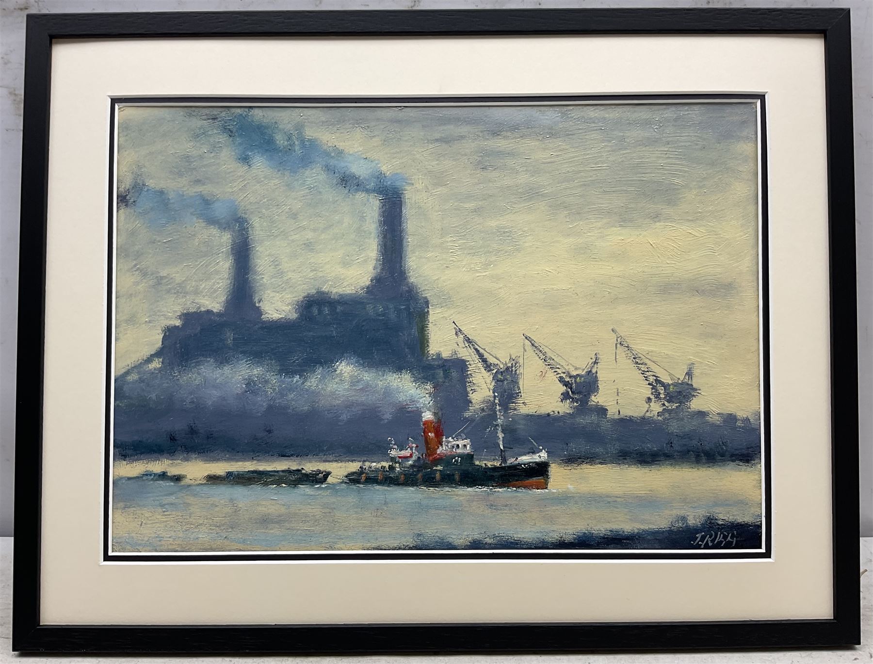 Jack Rigg (British 1927-2023): Tug and Tow Passing Battersea Power Station, oil on board signed, dated 2017 verso 27cm x 40cm