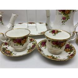 Royal Albert Old Country Roses pattern tea and dinner service, including teapot, coffee pot, two milk jugs, two open sucriers, six teacups and saucers, six dinner plates, six soup bowls, etc  