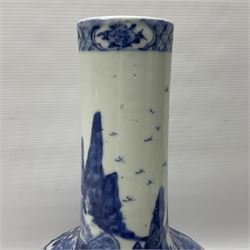 Late 18th/early 19th century Chinese blue and white bottle vase, decorated with a landscape scene containing dwellings, prunus and pine trees, boats and bridges, and populated with figures, with character mark beneath, H35cm