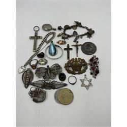 Silver jewellery, including charm bracelet, baby bracelet and curb link bracelet, wishbone brooch marked Australia, stamped 9c, 1889 Queen Victoria half crown, costume jewellery and other coins