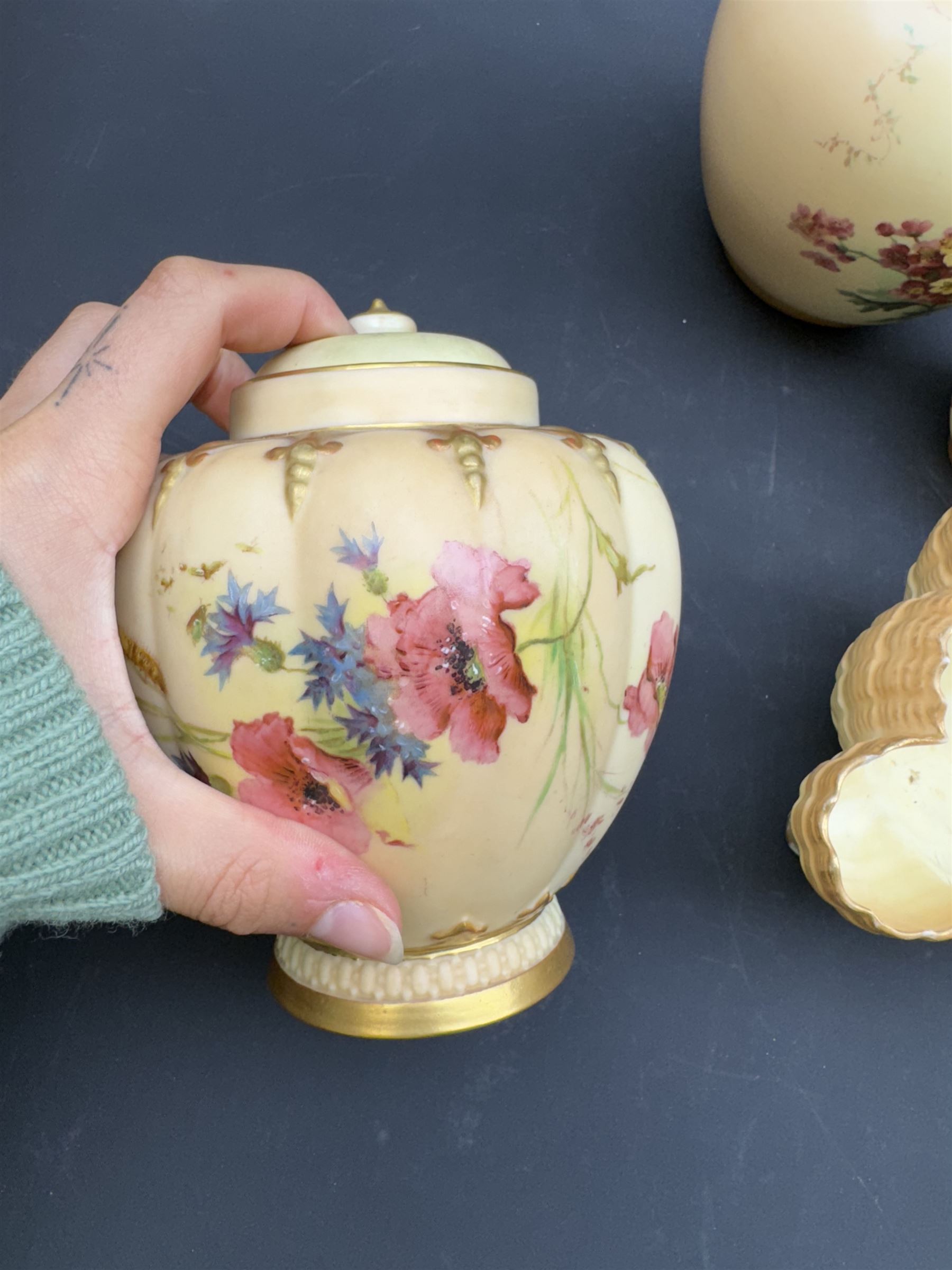 Royal Worcester Blush Ivory, three graduation flat back jugs, bowl in the form of a shell, covered jar etc (8)