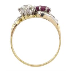 Early 20th century gold old cut diamond and ruby crossover ring, with diamond set shoulders, stamped 18ct, diamond approx 0.70 carat, ruby approx 0.75 carat