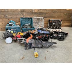 Various building tools to include, DeWalt reciprocating saw, Bosch planer, Titan SDS drill, Black & Decker drills, Evolution 110V saw, fitted tool case, Dremel and other tools