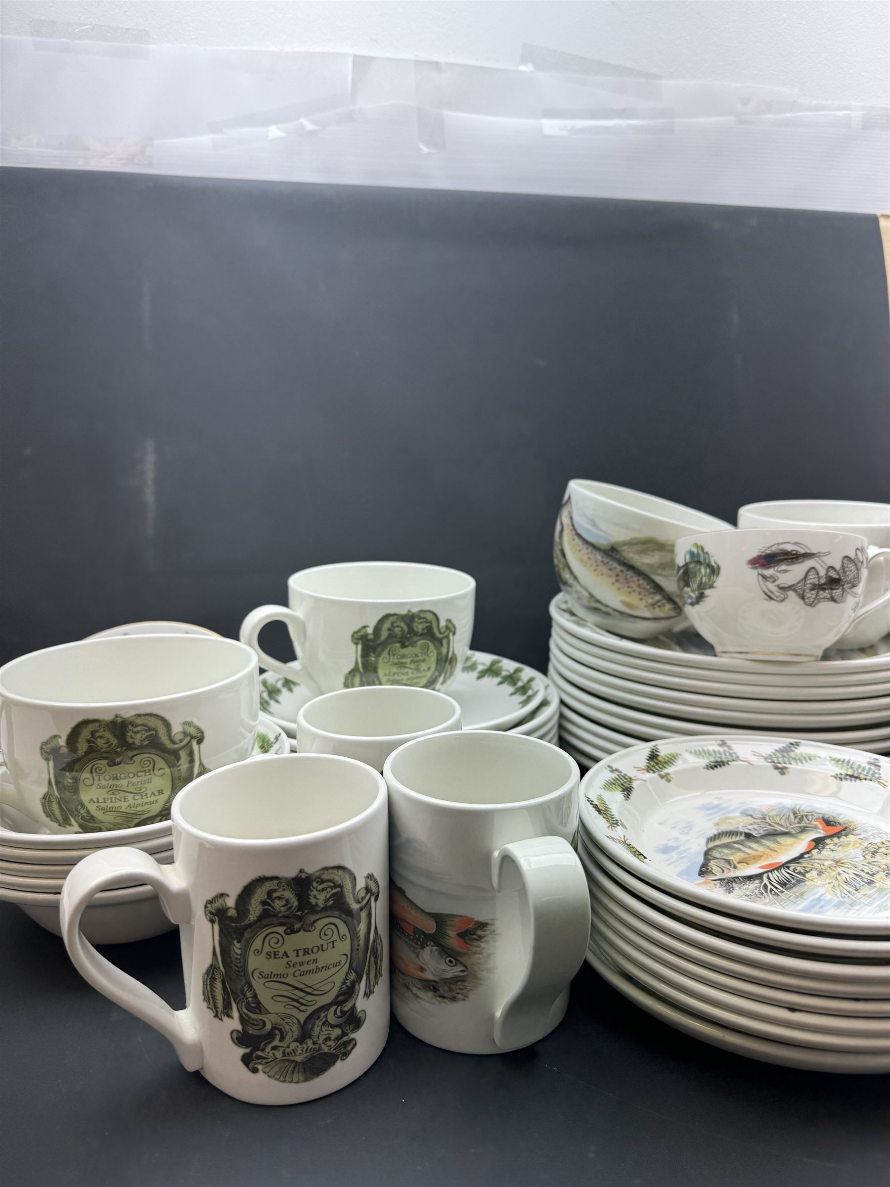 Portmeirion Complete Angler part tea and dinner service, including eleven dinner plates, five bowls, seven mugs etc together with two Royal Worcester cups and saucers