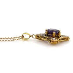 Victorian gold Etruscan Revival amethyst, enamel and pearl cross design pendant, the central hexagonal amethyst, with pearl, black and white enamel surround, within an a open pierced work frame, on gold cable link chain necklace, stamped 9ct