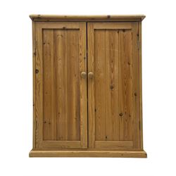 Pine cupboard, rectangular moulded top over two panelled doors enclosing two plank shelves...