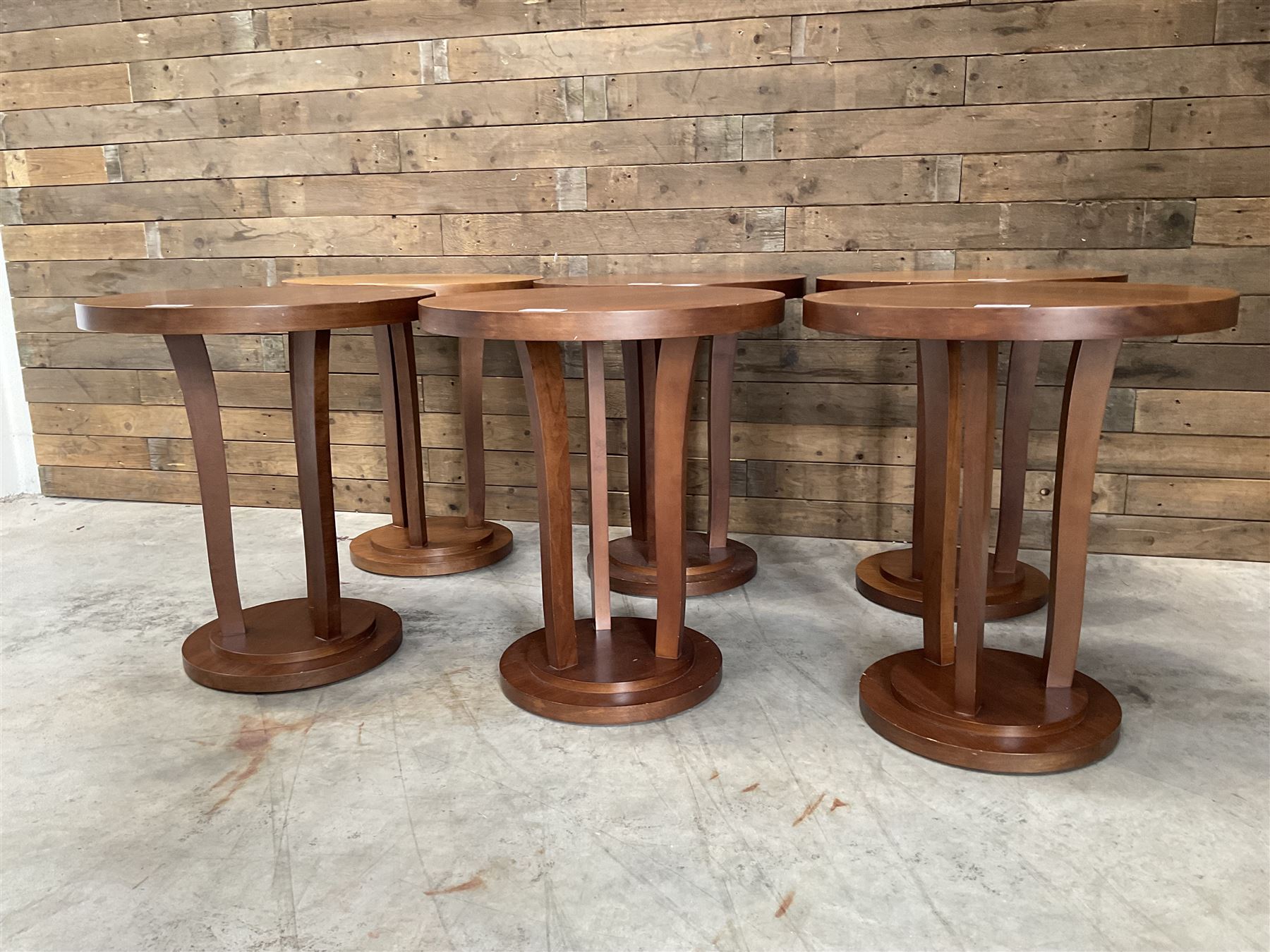 Six walnut circular bar or bedroom occasional tables