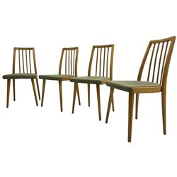 Set of four mid-20th century beech framed dining chairs, vertical slat back over upholstered seats, on tapering supports