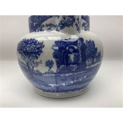 Large blue and white jug, decorated with landscape transfer print, H24cm