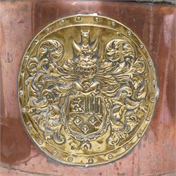 19th century riveted copper and brass mounted coal bucket, the central panel depicting a coat of arms H29cm 