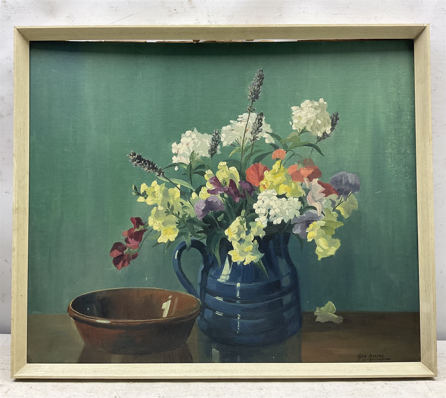 George Ayling (British 1887-1960): Still Life of Flowers in a Blue Jug, oil on board signed 50cm x 60cm 
Provenance: direct from the family of the artist 