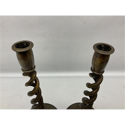 Pair of Victorian brass barley twist candle sticks, H30cm
