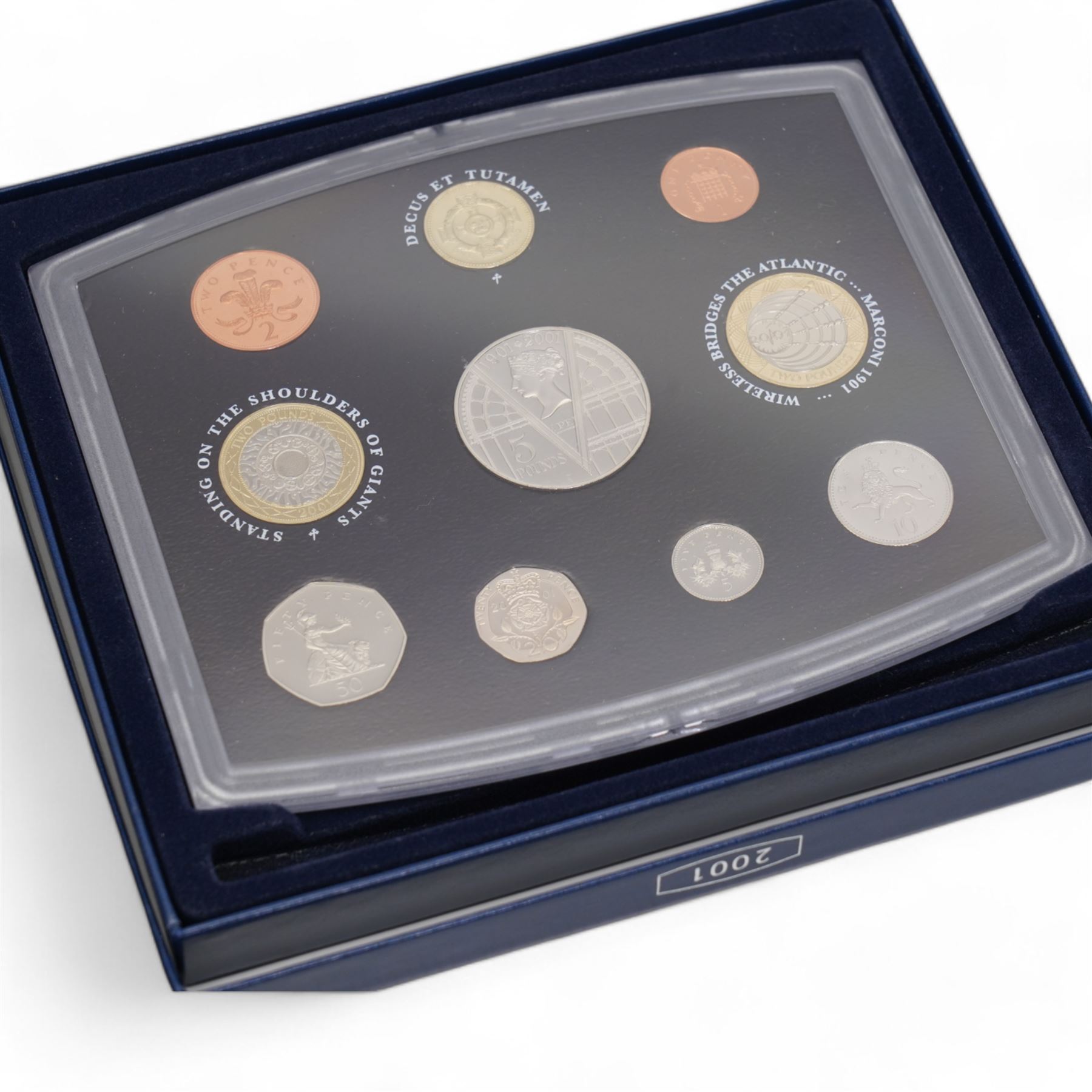 Eleven The Royal Mint United Kingdom proof coin collections, dated 1985, 1986, 1987, 1988, 1990, 1992 with dual dated fifty pence, 1994, 1996, 1999, 2001 and 2003, all cased with certificates