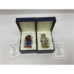 Eight Halcyon Days Teddy Bear of the Year figures, from 1993 to 2000, including one example modelled as a bear in Greek dress carrying a torch, one example modelled as a schoolboy and one example in a blue dress, all boxed 